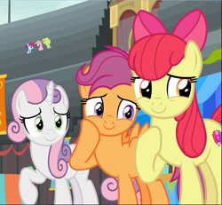 Size: 1019x940 | Tagged: safe, screencap, apple bloom, scootaloo, sweetie belle, earth pony, pegasus, pony, unicorn, growing up is hard to do, bow, cropped, cute, cutie mark crusaders, female, floral pattern, fruit pack, hair bow, happy khaki, hoof on cheek, mare, older, older apple bloom, older cmc, older scootaloo, older sweetie belle, raised hoof, ruby splash, small wings, smiling, trail blazer, trio, wings