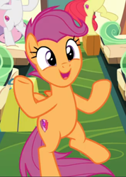 Size: 428x600 | Tagged: safe, screencap, apple bloom, scootaloo, sweetie belle, earth pony, pegasus, pony, unicorn, growing up is hard to do, being big is all it takes, bipedal, cropped, cute, cutealoo, cutie mark crusaders, dancing, female, mare, offscreen character, older, older scootaloo, open mouth, smiling, solo focus, suitcase