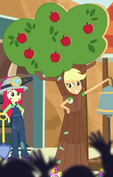 Size: 480x750 | Tagged: safe, screencap, apple bloom, applejack, better together, equestria girls, opening night, opening night: applejack, apple, apple sisters, apple tree, clothes, costume, cropped, female, siblings, sisters, tree