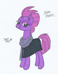 Size: 1905x2413 | Tagged: safe, artist:serenepony, fizzlepop berrytwist, tempest shadow, pony, unicorn, cloak, clothes, female, looking at you, mare, scarf, simple background, solo, traditional art