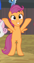 Size: 364x664 | Tagged: safe, screencap, pokey pierce, scootaloo, sweetie belle, pegasus, pony, unicorn, growing up is hard to do, bipedal, cropped, cute, cutealoo, female, mare, offscreen character, older, older scootaloo, older sweetie belle, small wings, smiling, solo focus, wings