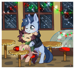 Size: 935x855 | Tagged: safe, artist:ipun, oc, oc only, oc:slumber tea, oc:tesseract, bat pony, pony, unicorn, bat pony oc, chibi, christmas, clothes, cup, female, holiday, hoodie, hug, hug from behind, male, mare, scarf, slumberact, stallion, watermark