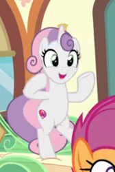 Size: 240x357 | Tagged: safe, screencap, scootaloo, sweetie belle, pegasus, pony, unicorn, growing up is hard to do, being big is all it takes, bipedal, cropped, cute, dancing, diasweetes, female, mare, offscreen character, older, older sweetie belle, open mouth, solo focus