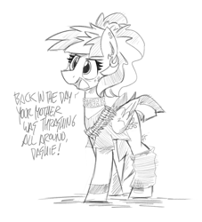 Size: 2205x2429 | Tagged: safe, artist:flutterthrash, windy whistles, pegasus, pony, alternate hairstyle, black and white, bullet belt, clothes, collar, dialogue, female, grayscale, mare, metal, monochrome, outfit, piercing, solo, vest, wristband