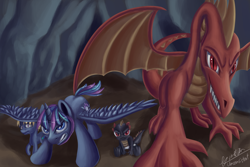 Size: 3000x2000 | Tagged: safe, artist:theunconsistentone, oc, oc only, oc:eclipse storm, alicorn, dragon, alicorn oc, angry, cave, family, threatening