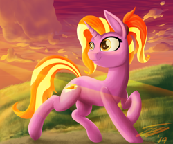 Size: 2400x2000 | Tagged: safe, artist:sigilponies, luster dawn, pony, unicorn, the last problem, crepuscular rays, female, grass, high res, looking back, mare, signature, smiling, solo, walking