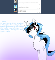 Size: 1280x1412 | Tagged: safe, artist:ask-bluethorn, oc, oc:blue thorn, pony, unicorn, ask, curved horn, female, gradient background, horn, mare, solo, tumblr