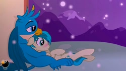 Size: 1378x775 | Tagged: safe, artist:unadahr, gallus, sandbar, griffon, pony, gallbar, gay, male, mountain, shipping, snow