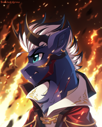 Size: 1500x1859 | Tagged: safe, artist:redchetgreen, oc, oc only, oc:dark artemid, earth pony, badass, clothes, fantasy, fire, male, solo