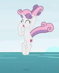 Size: 475x589 | Tagged: safe, screencap, sweetie belle, pony, unicorn, growing up is hard to do, being big is all it takes, cropped, cute, diasweetes, diving, eyes closed, female, mare, older, older sweetie belle, open mouth, smiling, solo, water