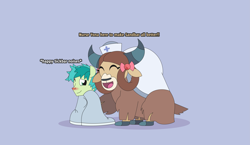 Size: 5411x3131 | Tagged: safe, artist:gd_inuk, sandbar, yona, earth pony, pony, yak, blanket, bow, descriptive noise, dialogue, duo, eyes closed, female, hair bow, hat, male, nurse hat, nurse outfit, one eye closed, shipping, sick, sitting, straight, yonabar