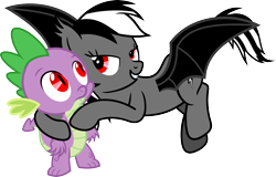 Size: 3576x2282 | Tagged: artist needed, source needed, safe, spike, oc, oc:rainbow dark, bat pony, bat pony oc, female, hoof around neck, male, recolor, simple background, straight, transparent background, wrong eye color