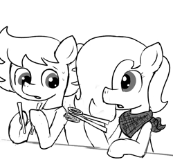 Size: 640x600 | Tagged: safe, artist:ficficponyfic, oc, oc:emerald jewel, oc:ruby rouge, pony, bandana, child, chopsticks, clothes, colt, colt quest, concerned, cyoa, female, femboy, filly, foal, hair over one eye, male, monochrome, reverse trap, story included, tomboy, trap