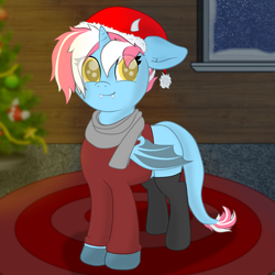 Size: 2921x2921 | Tagged: safe, artist:fruityhorssse, oc, oc:sora kite, dragon, hybrid, christmas, clothes, female, filly, hat, holiday, santa hat, scarf, snow, socks, solo