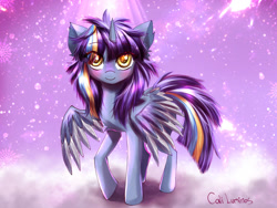 Size: 1032x774 | Tagged: safe, artist:caliluminos, oc, oc only, oc:twinkle starstone, alicorn, pony, alicorn oc, blushing, colored pupils, female, hair over eyes, horn, looking at you, mare, signature, smiling, solo, stars, two toned wings, wings