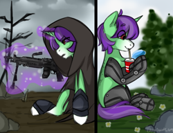 Size: 1300x1000 | Tagged: safe, artist:cottonsweets, oc, oc only, oc:crescent star, crystal pony, cyborg, pony, unicorn, fallout equestria, armor, cloak, clothes, crystal unicorn, cup, cyber legs, cyberpunk, drinking, exhausted, forest, gun, happy, hmg, hologram, machine gun, magic, solo, straw, technology, wasteland, weapon
