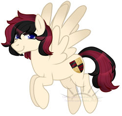 Size: 1839x1741 | Tagged: safe, artist:betavirus, oc, oc only, oc:porsche speedwings, pegasus, pony, blue eyes, flying, looking at you, obtrusive watermark, pegasus oc, ponyvania, red and black mane, simple background, solo, spread wings, tan coat, transparent background, vector, watermark, wings
