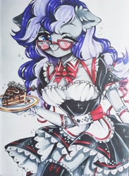 Size: 2326x3179 | Tagged: safe, artist:manekoart, oc, oc only, oc:cinnabyte, anthro, adorkable, cake, chocolate cake, clothes, cute, dork, dress, female, food, holding, maid, mare, one eye closed, plate, ribbon, smiling, solo, traditional art, wink