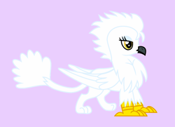 Size: 1253x905 | Tagged: safe, artist:silver star apple, artist:silverstarapple, oc, oc:aquilla snowstorm, bird, griffon, backstory, backstory in description, duster, female, golden eyes, leonine tail, pink background, simple background, solo, white, winged, wings