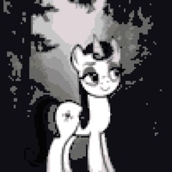 Size: 640x640 | Tagged: safe, artist:hunterz263, edit, editor:undeadponysoldier, moonlight raven, pony, unicorn, dark forest, female, fog, forest, gloomy forest, goth, gothic, mare, mist, moonlight, needs more jpeg, pixel art, smiling, solo, tree