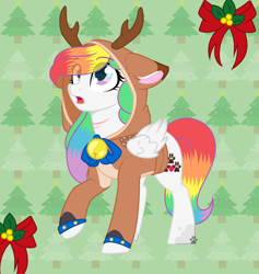 Size: 2120x2240 | Tagged: safe, artist:cloud-fly, artist:rainbowpawsarts, oc, oc:rainbow paws, deer, pegasus, pony, reindeer, antlers, base used, bell, christmas, christmas tree, clothes, cute, eye clipping through hair, female, holiday, hoodie, looking up, mare, multicolored hair, multicolored tail, one hoof raised, ornament, pegasus oc, rainbow hair, rainbow tail, ribbon, scar, stars, tree, wing fluff