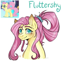 Size: 894x894 | Tagged: safe, artist:rubimlp6, fluttershy, pegasus, pony, the last problem, blushing, bust, ear fluff, eyebrows, female, looking at you, mare, name, older, older fluttershy, portrait, simple background, smiling, solo, stray strand, three quarter view, white background