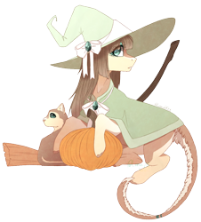 Size: 904x998 | Tagged: safe, artist:lunawolf28, oc, oc:misaki, cat, earth pony, pony, broom, hat, pumpkin, simple background, solo, transparent background, witch hat