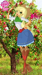 Size: 671x1191 | Tagged: safe, artist:redillita, applejack, human, equestria girls, apple, apple tree, barely eqg related, beautiful, belt, belt buckle, boots, clothes, cowboy boots, cowboy hat, cowgirl, crossover, cute, denim skirt, green eyes, hat, high heel boots, high heels, jackabetes, lipstick, makeup, my little pony logo, rainbow s.r.l, red lipstick, shoes, skirt, stetson, tree, winx club, winxified, woman, yellow hair