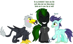 Size: 3211x1945 | Tagged: safe, artist:shadymeadow, oc, oc only, oc:anchor hook, oc:cyrax, oc:grant the griffon, classical hippogriff, griffon, hippogriff, pegasus, amputee, blushing, clothes, gay, hoodie, hook hand, lgbt, male, oc x oc, prosthetics, shipping, stallion