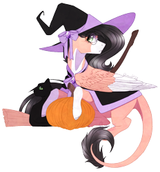 Size: 934x1006 | Tagged: safe, artist:lunawolf28, oc, oc:misaki, oc:tsury, cat, pegasus, pony, broom, glasses, hat, pumpkin, simple background, solo, transparent background, witch hat