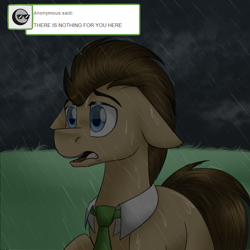 Size: 750x750 | Tagged: safe, artist:jitterbugjive, doctor whooves, pony, floppy ears, lovestruck derpy, rain, solo