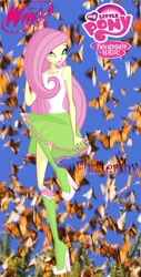 Size: 638x1253 | Tagged: safe, artist:redillita, fluttershy, butterfly, human, equestria girls, barely eqg related, clothes, crossover, flying, my little pony logo, rainbow s.r.l, shoes, winx club, winxified