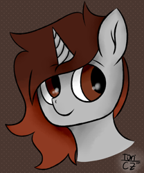 Size: 1000x1200 | Tagged: safe, artist:toricelli, oc, oc:shruggy, pony, unicorn, bust, simple background, solo, watermark