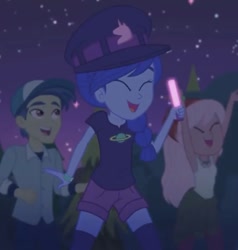 Size: 712x749 | Tagged: safe, screencap, mile hill, raspberry lilac, space camp (character), better together, equestria girls, the last drop, cheering, cropped, glowstick, happy, hat, night