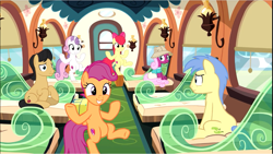 Size: 1377x774 | Tagged: safe, screencap, apple bloom, cherry cola, cherry fizzy, goldengrape, scootaloo, sir colton vines iii, sweetie belle, earth pony, pegasus, pony, unicorn, growing up is hard to do, bow, clothes, cropped, cutie mark, cutie mark crusaders, dancing, female, friendship express, hair bow, happy khaki, hat, mare, older, older apple bloom, older cmc, older scootaloo, older sweetie belle, singing, sitting, smiling, standing, standing on one leg, the cmc's cutie marks, trail blazer