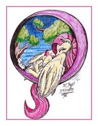 Size: 786x1017 | Tagged: safe, artist:the-necromancer, angel bunny, fluttershy, pegasus, pony, rabbit, animal, circle background, colored hooves, duo, ear fluff, eyes closed, female, mare, on back, profile, spread wings, traditional art, tree, unshorn fetlocks, wings