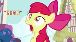 Size: 635x354 | Tagged: safe, edit, edited screencap, screencap, apple bloom, call of the cutie, animated, artifact, bow, caption, image macro, inhaling, needs more jpeg, open mouth, ponyville, talking, talking to viewer, text, trolling
