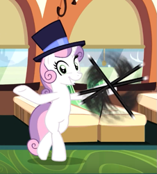 Size: 601x664 | Tagged: safe, screencap, sweetie belle, pony, unicorn, growing up is hard to do, being big is all it takes, bipedal, cane, cropped, cute, dexterous hooves, diasweetes, female, hat, mare, older, older sweetie belle, smiling, solo, top hat, twirling, underhoof