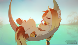 Size: 1900x1100 | Tagged: safe, artist:apple_nettle, oc, oc only, pony, unicorn, drink, drinking, drinking straw, eyes closed, female, hammock, mare, solo