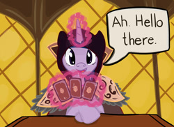 Size: 1200x872 | Tagged: safe, artist:yukkuripalehorse, twilight sparkle, pony, card, clothes, dialogue, hearthstone, medivh, warcraft