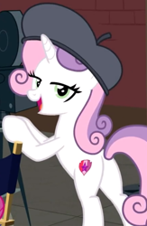 Size: 434x667 | Tagged: safe, screencap, sweetie belle, growing up is hard to do, animation error, being big is all it takes, butt, cropped, cutie mark, female, film projector, hat, lidded eyes, looking at you, looking back, looking back at you, older, older sweetie belle, open mouth, out of context, plot, smiling, solo, the cmc's cutie marks
