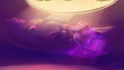 Size: 4000x2268 | Tagged: safe, artist:imsokyo, twilight sparkle, unicorn twilight, pony, unicorn, /mlp/, bed, book, cute, drawthread, female, glowing horn, golden oaks library, horn, in bed, levitation, lying down, lying on bed, magic, mare, on bed, prone, reading, solo, telekinesis