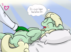 Size: 3156x2329 | Tagged: safe, artist:yukkuripalehorse, oc, oc:anon, oc:minty steps, earth pony, pony, belly button, belly rubbing, bellyrubs, blushing, dialogue, female, heart, mare, on back, pregnant