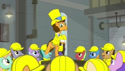 Size: 1920x1080 | Tagged: safe, screencap, cheese sandwich, earth pony, pony, the last laugh, background pony, bipedal, cane, clothes, giggleberry, hard hat, hat, lavender chuckle, male, pun twirl, stallion, suit, summermint, top hat, unnamed pony