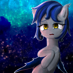 Size: 2000x2000 | Tagged: safe, artist:yinglongfujun, oc, oc:moorish delight, bat pony, pony, bat pony oc, chest fluff, sad, solo, sparks, teary eyes