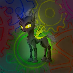 Size: 894x894 | Tagged: safe, artist:atomfliege, oc, oc only, oc:warplix, changeling, robot, changeling oc, looking at you, male, robot changeling, solo, standing, yellow changeling