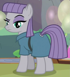 Size: 545x600 | Tagged: safe, screencap, maud pie, earth pony, pony, student counsel, animation error, butt, clothes, cropped, dress, female, looking at you, looking back, looking back at you, mare, maud pie is not amused, plot, raised eyebrow, solo, tail hole