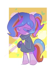 Size: 640x826 | Tagged: safe, artist:colorfulcolor233, oc, oc only, oc:oofy colorful, anthro, unguligrade anthro, unicorn, clothes, crying, food, heart, lemon, simple background, sweater, teary eyes