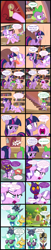 Size: 2000x9847 | Tagged: safe, artist:magerblutooth, diamond tiara, filthy rich, spike, twilight sparkle, twilight sparkle (alicorn), oc, oc:aunt spoiled, oc:dazzle, oc:il, oc:peal, alicorn, cat, dragon, earth pony, pony, comic:diamond and dazzle, book, bookshelf, comic, fluttershy's cottage, golden oaks library, imp, ladder, tongue out