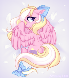Size: 1804x2044 | Tagged: safe, artist:sparkling_light, oc, oc only, oc:bay breeze, pegasus, pony, bow, cute, dock, female, hair bow, looking at you, looking back, looking back at you, mare, simple background, solo, tail bow